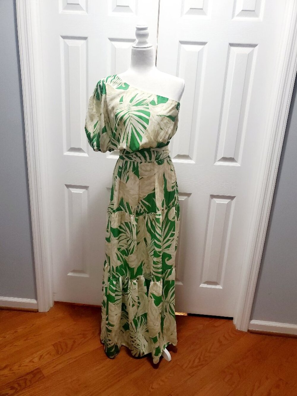 AURA One Shoulder Tropical Maxi Dress Green Palm Print Resort Size M Hawaiian - Picture 2 of 13